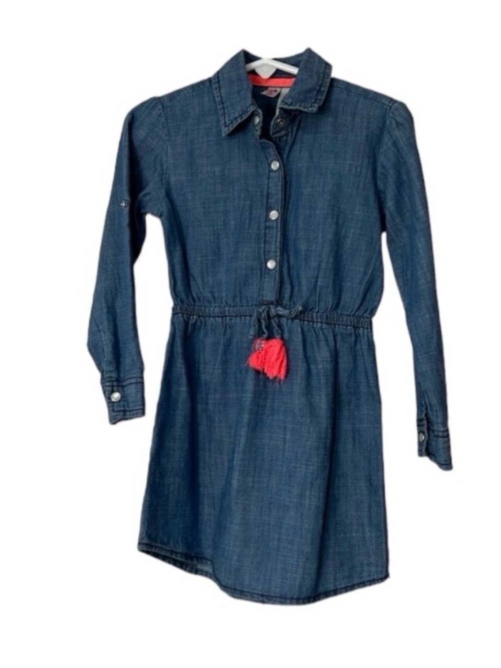 Girls' Dark Denim Shirt Dress with Pink Tassel Drawcord